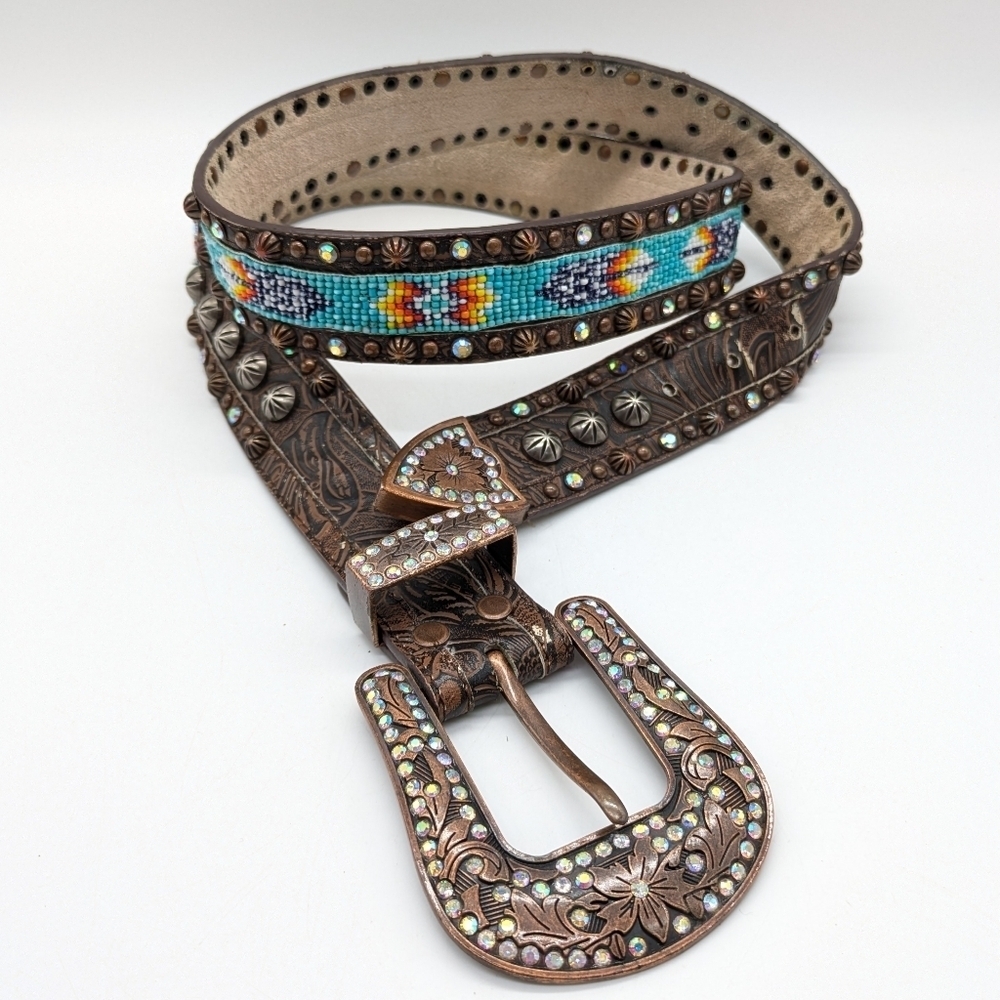 RODS Brown Blue Beaded Rhinestone Leather Belt XL